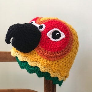 May include: A crocheted parrot hat with a black beak, red, orange, yellow, and green stripes, and white eyes.