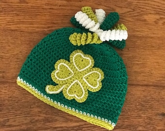 Shamrock Hat, Crochet, Beanie, Clover, Green, Saint Patrick’s Day, Girl, Women, Clothing, Accessories, Gift, Curls, Winter, Four Leaf Clover