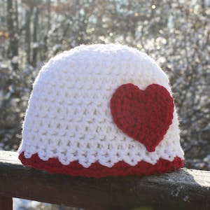 Red Heart Hat, Red and White Hat, Crochet Beanie, Baby Hat, Girls, Women, Holiday Gift, Gift, Love Hat, Valentine&#39;s Day, Baby Shower Gift