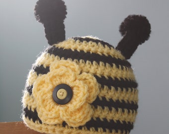 Babee Hat, Bee Hat, Bug Hat, Crochet Beanie, Photography Prop, Accessories, Girl's Clothing, Costume, Animal Hat, Yellow Flower, Crochet Bee