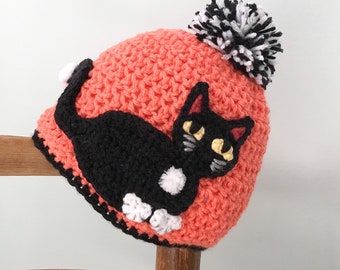 Cat Hat, Crochet, Beanie, Animal Hat, Accessories, Clothing, Girls, Gift, Christmas, Birthday, Kitten, Kitty, Funny Hat, Black Cat, Winter