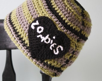 Zombie Tattoo Hat, Zombie Love Hat, Crochet Beanie, Crochet Zombie Hat, Heart Hat, Men's Clothing, Women's Clothing, Halloween Costume