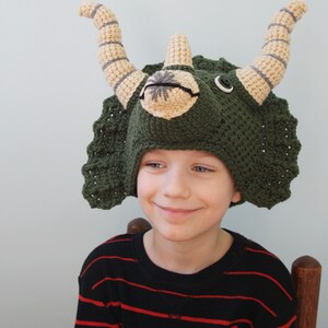 Puede incluir: Un ni&ntilde;o con un gorro de triceratops de color verde tejido a crochet con cuernos beige y ojos de bot&oacute;n negros. El gorro tiene un volante de crochet alrededor de la parte inferior. El ni&ntilde;o lleva una camisa a rayas negras y rojas.