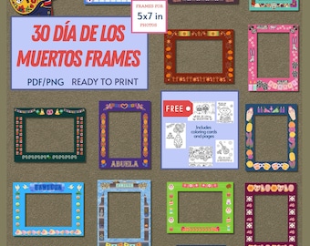 Könnte beinhalten: Eine Sammlung von 30 digitalen Bilderrahmen für 13x18 cm Fotos mit Día de los Muertos-Motiven, darunter Zuckerschädel, Studentenblumen und Skelette. Das Set enthält PDF- und PNG-Dateien sowie kostenlose Ausmalbilder und Karten.