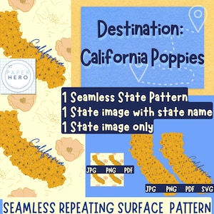 Motif numérique sans couture, destination, coquelicots de Californie, formats d'images, livre souvenir, album photo Golden State Roadtrip, impression d'album photo