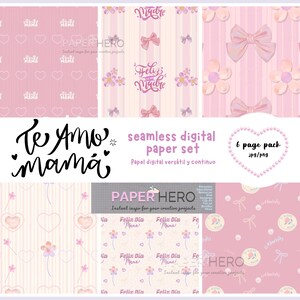 Para Mamá Cute Digital Paper In Spanish Happy Mother's Day Pink Bows 6 Pack Set 12"x12" Mejor Madre For You Mom