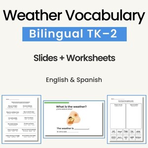 Puede incluir: Recurso educativo titulado "Weather Vocabulary" para estudiantes bilingües, con hojas de trabajo y diapositivas. La imagen muestra contenido en inglés y español, incluyendo ejercicios de vocabulario sobre el clima.