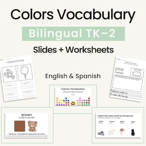 Paquete bilingüe de vocabulario de colores en inglés y español para niños de preescolar a segundo grado (TK-2) - Hojas de trabajo imprimibles de Los Colores