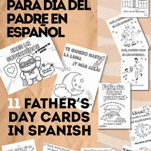 11 Tarjetas para Colorear Día del Padre en Español, Imprimibles para Niños, PDF/PNG 5x7 y 7x5 in Felicitaciones Cartas Blanco y Negro