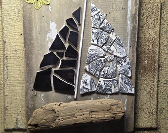 Mixed Media Mosaic Sailboat Wall Art reclaimed wood Coastal Nautical Once of a kind