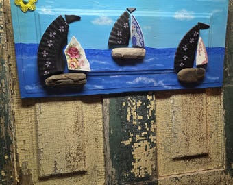Hand painted Mosaic Sailboat ART with driftwood