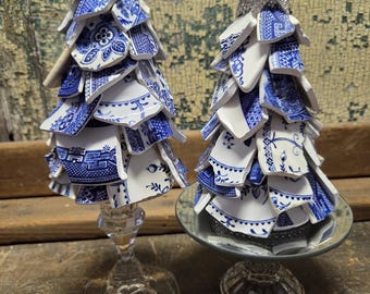 One of a Kind Blue & White China Christmas Tree Art Sculpture upcycled dragonfly topper