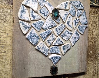 Broken China Heart Wall Art Hand made Mosaic on wood Vintage shabby chic decor