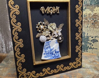 Upcycled MOM Shadow Box Art | Vintage Jewelry Floral Collage Keepsake