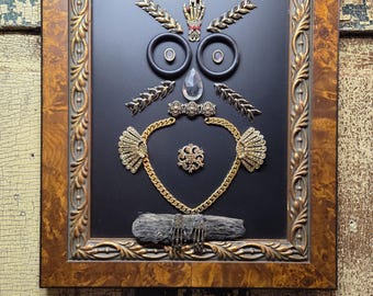 Framed Jewelry Owl Art – Gold Vintage Mixed Media Assemblage (13 x 11)
