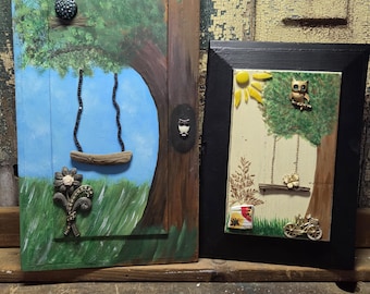 Whimsical Woodland Tree Swing Assemblage Art, Mixed Media Wall Decor (Rustic Fantasy)