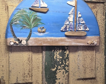 Hand Painted Mosaic Sailboat Ocean Beach Palm Tree scene wall hanging