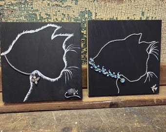 Hand Painted "Cat Chase" head silhouette Vintage Jewelry Wood Sign Wall Decor Cat Gift