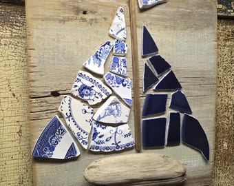 Vintage China Mosaic Sailboat on reclaimed barnwood One of a kind hand made