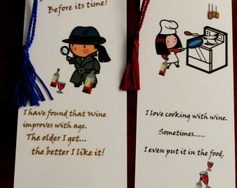 WHIMSICAL WINE BOOKMARKS  / Laminated with tassels/  Foodie Humor  / Party Gifts