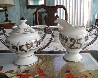 Vintage Silver Bells 25th  Anniversary Creamer and Sugar White Porcelain Fine China Japan Set of Sugar and Creamer