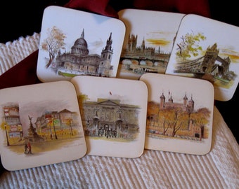 London Fine Art  works of detailed art by Evans/ Vintage English serving coasters/TRAVEL COASTERS  /