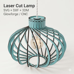 May include: A laser-cut lamp with a teal and black design. The lamp has a unique, openwork structure with a lightbulb visible inside. The text "Laser Cut Lamp" and other technical details are displayed at the top.