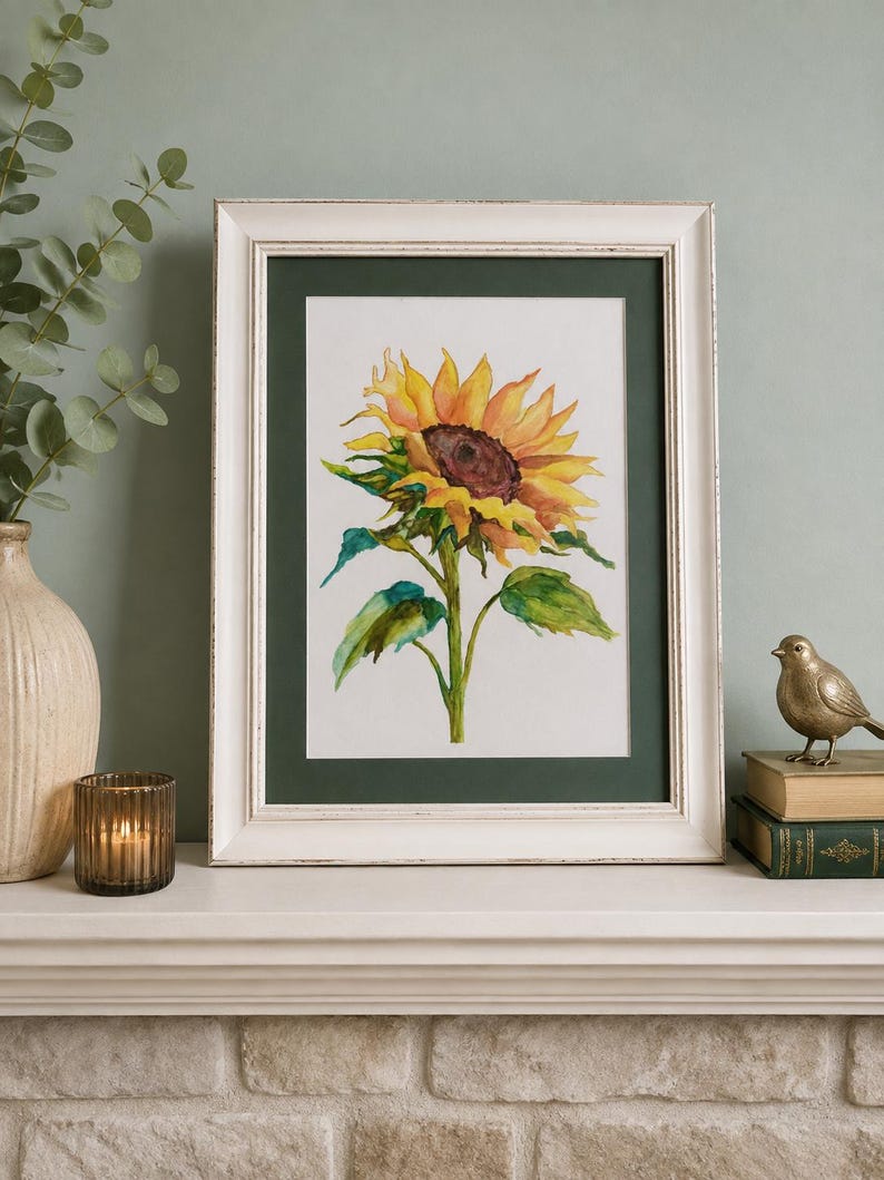 sunflower-painting-original-watercolor-colored-pencil-art-framed