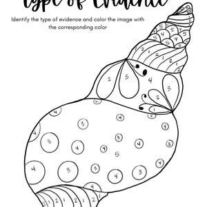 May include: A black and white line drawing of a seashell with numbers inside each section. The title "Color by Type of Evidence" is at the top of the image.  Identify the type of evidence and colour the image with the corresponding colour.