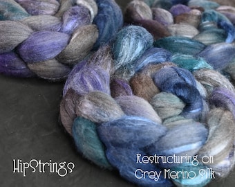Restructuring on Hand Dyed Grey Merino Silk Combed Wool Top - 4 oz