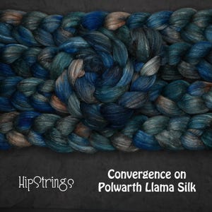 May include: Close-up of a braided yarn in shades of blue, teal, and brown. The yarn is tightly woven, creating a textured surface. The text "HipStrings" and "Convergence on Polwarth Llama Silk" are visible.