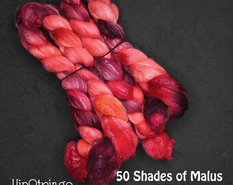 50 Shades of Malus on Hand Dyed Blue Faced Leicester Silk Combed Wool Top