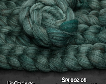 Spruce on Hand Dyed Polwarth Wool Llama Silk Combed Top - 4 oz