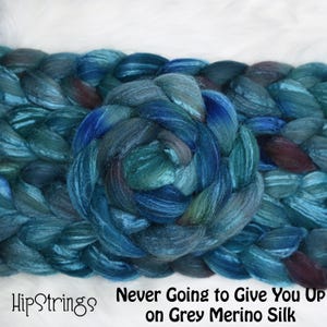 May include: A close-up of a hand-braided fibre art piece in shades of blue, teal, and brown. The centre features a circular design. The text "HipStrings" and "Never Going to Give You Up on Grey Merino Silk" are visible.