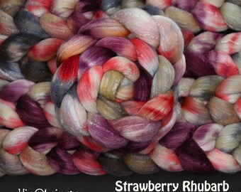 Strawberry Rhubarb on Hand Dyed 80/20 Rambouillet Wool Tussah Silk Combed Top - 4 oz