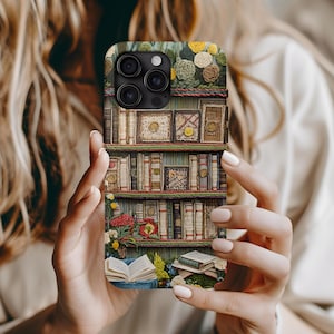 Funda de estantería con bordado floral para iPhone 16, 15, 14 y 13, Samsung Pixel, con un bonito estilo cottagecore y estilo retro floral.