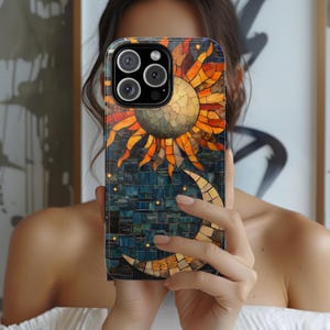 Faux Stain Glass Starry Night Sky Design Phone Cover, Celestial Stained Glass Moon Sun Phone Case For iPhone 16 15 14 13 12 and Samsung S24