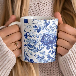 Blue Toile De Jouy Coffee Mug, Chinoiserie Style Tea Coffee Cup, Elegant Vintage-Inspired Gift, Blue And White French Style Gift Mug For Her