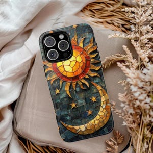 Faux Stain Glass Starry Night Sky Design Phone Cover, Celestial Stained Glass Moon Sun Phone Case For iPhone 16 15 14 13 12 and Samsung S24