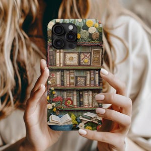 Funda de teléfono con estantería y bordado floral para iPhone 16, 15, 14 y 13, Samsung S24, con un bonito estilo cottagecore y estilo retro floral.