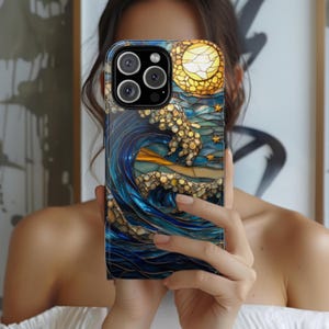 Wellen und Sonne Buntglas Handyhülle, Faux Mosaic Tough Cover für iPhone 16 15 14 13 XR XS Max 12 Mini Pro SE 7 8 Plus Galaxy S24 Pixel 8