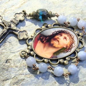Handmade Pocket Rosary: Jesus in Crown of Thorns, Blue Natural Stones, Holy Face, Religious Gift, Bronze Crucifix, Wedding Gift, Vintage