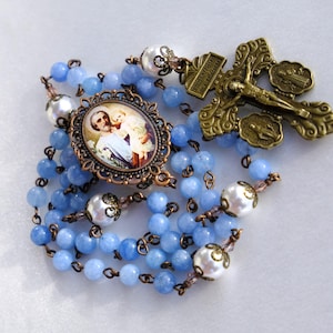 Catholic Rosary  • Saint Joseph • Mother of God • Blue Aquamarine Stones • White Natural Pearl  • Brown Cross Forgivness • Jesus • Hand Made