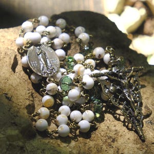 Stella Maris Catholic Rosary: Shell Beads, Czech Glass, Bronze Sun & Moon Crucifix, Antique Jewelry, Handmade Religious Gift, Mother of God
