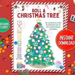 May include: A festive Christmas-themed game board with a decorated tree, dice, and colorful candies. The text "Roll a Christmas Tree" is displayed, along with instructions and the words "Instant Download". The game includes two versions.