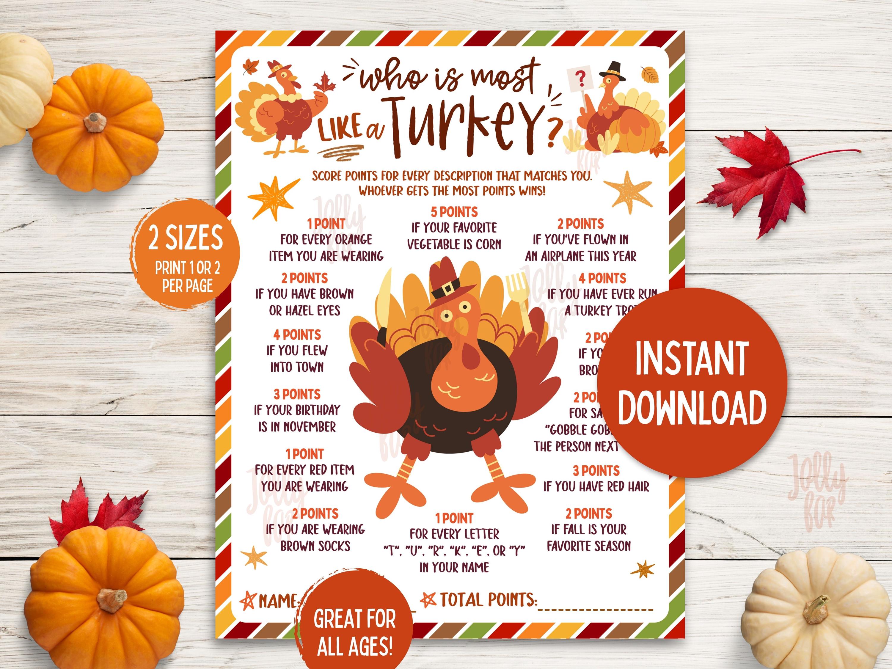 Who is Most Like a Turkey Thanksgiving Printable Game Kids Friends ...