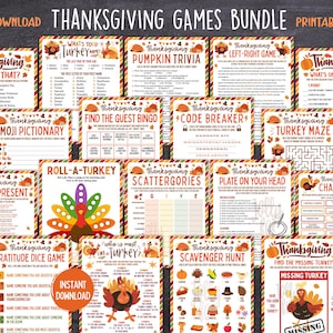 May include: A collection of printable Thanksgiving games, including trivia, mazes, and charades. The bundle features colorful designs with fall-themed illustrations and text like "Thanksgiving" and "Instant Download."