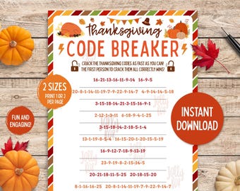 Thanksgiving Code Breaker Printable Game Kids Friends Family Table Game Fun Friendsgiving Party Games Classroom Activity Sheet Printables
