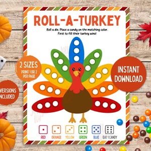Roll-A-Turkey Game Thanksgiving Printable Game Kids Family Table Game Roll a Turkey Dice Game Fun Thanksgiving Classroom Activity Printables
