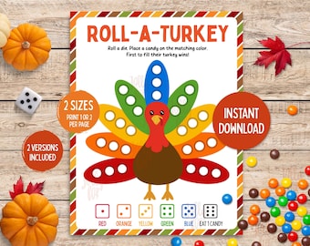 Roll-A-Turkey Game Thanksgiving Printable Game Kids Family Table Game Roll a Turkey Dice Game Fun Thanksgiving Classroom Activity Printables